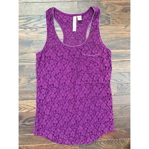 Purple Lace Racerback Tank Top with Chest Pocket and Sliver Bead Hem